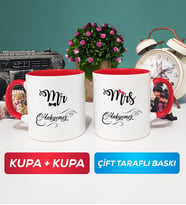 İkili Çiftlere Özel Mr Mrs Sevgiliye Hediye Kupa Bardak Kırmızı