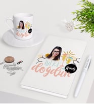 BK Gift Kişiye Özel Fotoğraflı Doğum Günü Beyaz Defter Kalem Türk Kahvesi Fincanı Seti-10 (Model 1)