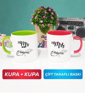 İkili Çiftlere Özel Mr Mrs Sevgiliye Hediye Kupa Bardak Yeşil Kırmızı