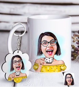 BK Gift Kişiye Özel Bayan Karikatürlü Beyaz Kupa ve Anahtarlık Hediye Seti-48 (Model 1)