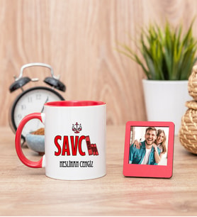 Savcı Kırmızı Kupa Bardak ve Kırmızı Mini Fotoğraf Çerçevesi