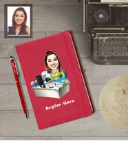 Kişiye Özel İş Kadını Karikatürlü  Kırmızı Defter Kalem Hediye Seti Bayan-16