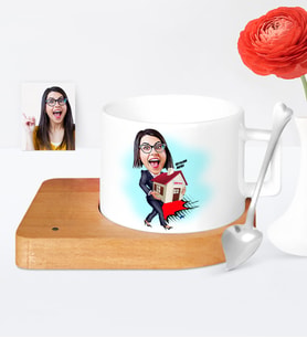 BK Gift Kişiye Özel Bayan Gayrimenkul Danışmanı Karikatür Ahşap Altlıklı Seramik Fincan  2
