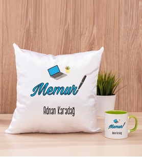 Memur Kare Yastık ve Yeşil Kupa Bardak