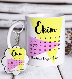 BK Gift Kişiye Özel Tarihli Doğum Günü Beyaz Kupa ve Anahtarlık Hediye Seti-5 (Model 1)