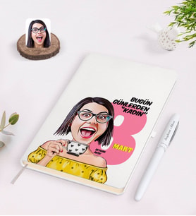 BK Gift Kişiye Özel Kadınlar Günü Karikatürlü Beyaz Defter Kalem Seti-3