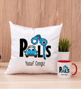 Polis Kare Yastık ve Kırmızı Kupa Bardak