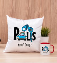 Polis Kare Yastık ve Kırmızı Kupa Bardak