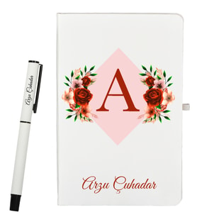 Sevgiliye Hediye Çiçek Tasarımlı Kişiye Özel Defter ve Roller Kalem Seti
