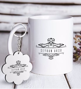 BK Gift Kişiye Özel İsimli Beyaz Kupa ve Anahtarlık Hediye Seti-8 (Model 1)