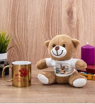 Sevgililere Özel Balon Tasarım Gold Kupa Bardak ve Peluş Ayıcık