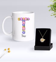 BK Gift Kişiye Özel Çiçek Temalı Harf Kupa ve Papatya Kolye Hediye Seti-23 (Model 1)