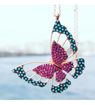 Gümüş Üç Boyutlu Turkuaz ve Ruby Zirkon Taşlı Kelebek Kolye (Turkuaz)