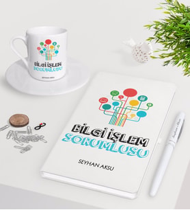 BK Gift Kişiye Özel Bilgi İşlem Sorumlusu Beyaz Defter Kalem Türk Kahvesi Fincanı Seti (Model 1)