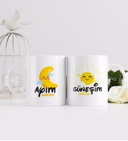 BK Gift Kişiye Özel Güneşim ve Ayım Tasarımlı İkili Beyaz Kupa Bardak-5
