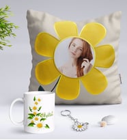 BK Gift Kişiye Özel Fotoğraflı Papatya Yastık Kupa ve Silver Papatya Anahtarlık-8 (Model 1)