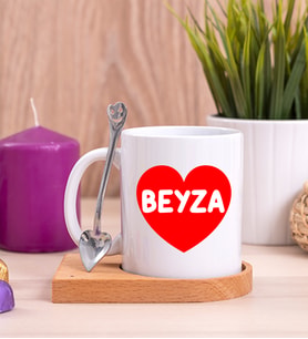 İsim Yazılı Kırmızı Kalpli Ahşap Altlıklı Beyaz Kupa Bardak