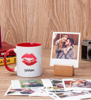 Dudak Tasarım Kırmızı Kupa Bardak ve Ahşap Standlı Polaroid Set