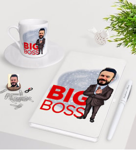 BK Gift Kişiye Özel Erkek Big Boss Karikatürlü Beyaz Defter Kalem Türk Kahvesi Fincanı Seti-2 (Model 1)