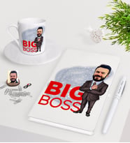 BK Gift Kişiye Özel Erkek Big Boss Karikatürlü Beyaz Defter Kalem Türk Kahvesi Fincanı Seti-2 (Model 1)