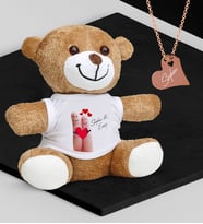 BK Gift Kişiye Özel Sevgililer Temalı Peluş Ayıcık ve Rose Kalp Kolye Set - 87