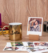 Kişiye Özel İsim Yazılı Gold Kupa Bardak ve Ahşap Standlı Polaroid Set