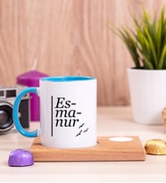 İsme Özel Heceli Ahşap Altlıklı Mumlu Mavi Kupa Bardak