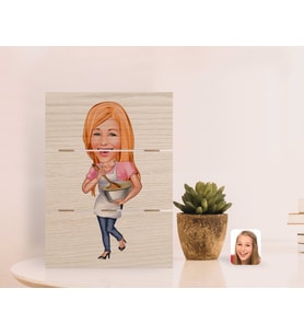 BK Gift Kişiye Özel Kadın Chef Karikatürlü Otantik Masaüstü Ahşap Palet Çerçeve (Beyaz)