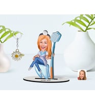 BK Gift Kişiye Özel Kadın Diş Hekimi Karikatürlü 3D Ahşap Biblo ve İsimli Gold Papatya Anahtarlık-2 (Model 1)