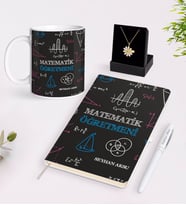 BK Gift Kişiye Özel Matematik Öğretmeni Beyaz Kupa Defter Kalem ve İsimli Papatya Kolye Hediye Seti-11 (Model 1)
