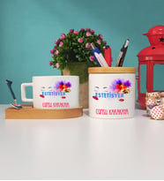 Estetisyen Ahşap Altlıklı Fincan ve Kalemlik Seti