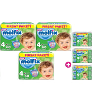 Molfix Bebek Bezi Beden:4 (7-14Kg) Maxi 180 Adet Aylık Fırsat Pk + 9 Adet Islak Havlu