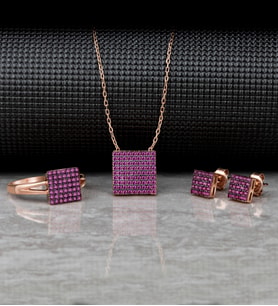 Gümüş Zirkon Taşlı " Kare " Tasarım Kolye-Küpe-Yüzük Set (Rose)