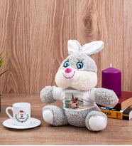 Sevgiliye Hediye İsim ve Kalpli Türk Kahvesi Fincanı ve Peluş Tavşan