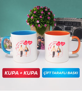 İkili Sevgiliye Sevgililer Günü Hediyesi 4 Kupa Bardak Mavi Turuncu