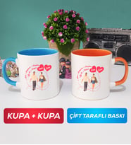İkili Sevgiliye Sevgililer Günü Hediyesi 4 Kupa Bardak Mavi Turuncu