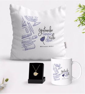 BK Gift Kişiye Özel Öğretmenler Günümüz Kutlu Olsun Beyaz Kupa Yastık ve İsimli Papatya Kolye Hediye Seti-6 (Model 1)