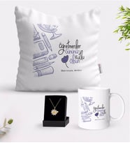 BK Gift Kişiye Özel Öğretmenler Günümüz Kutlu Olsun Beyaz Kupa Yastık ve İsimli Papatya Kolye Hediye Seti-6 (Model 1)