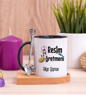 Resim Öğretmeni Ahşap Altlıklı Siyah Kupa Bardak