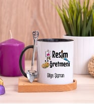 Resim Öğretmeni Ahşap Altlıklı Siyah Kupa Bardak