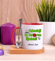 Teknoloji ve Tasarım Öğretmeni Ahşap Altlıklı Kırmızı Kupa Bardak