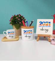 Sana Şans Getirsin 2021 Yılbaşı Hediyesi Ahşap Altlıklı Türk Kahvesi Fincanı Kalemlik Dekoratif Taş Baskı Seti