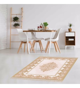 Osmanlı Desen Göbekli Dijital Baskı Yıkanabilir Kaymaz Taban Klasik Salon Halı ve Yolluk (Krem)