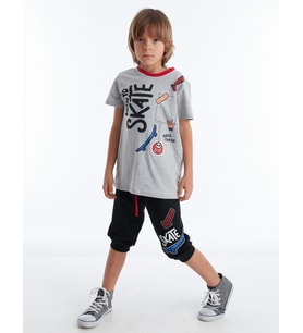Born to Skate Erkek Çocuk T-shirt Kapri Şort Takım (Siyah-Krem)