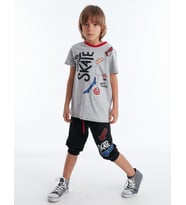 Born to Skate Erkek Çocuk T-shirt Kapri Şort Takım (Siyah-Krem)