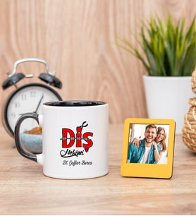 Diş Hekimi Tasarım Siyah Kupa Bardak ve Sarı Mini Fotoğraf Çerçevesi