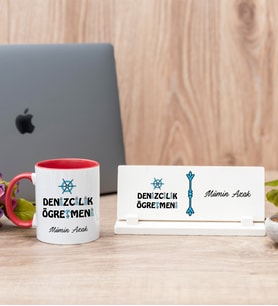 Denizcilik Öğretmeni Kırmızı Kupa Bardak Ve Masa İsimliği Hediye Seti