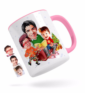 BK Gift Kişiye Özel Yeni Yıl Aile Karikatürlü Pembe Kupa Bardak-1