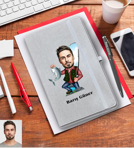 Kişiye Özel Balıkçı Karikatürlü Gri Defter Kalem Hediye Seti Bay-2