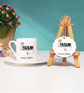 Yazılım Mühendisi Tasarımlı Kişiye Özel Hediye Yazılım Mühendisi Türk Kahvesi Fincanı ve Anahtarlık Seti